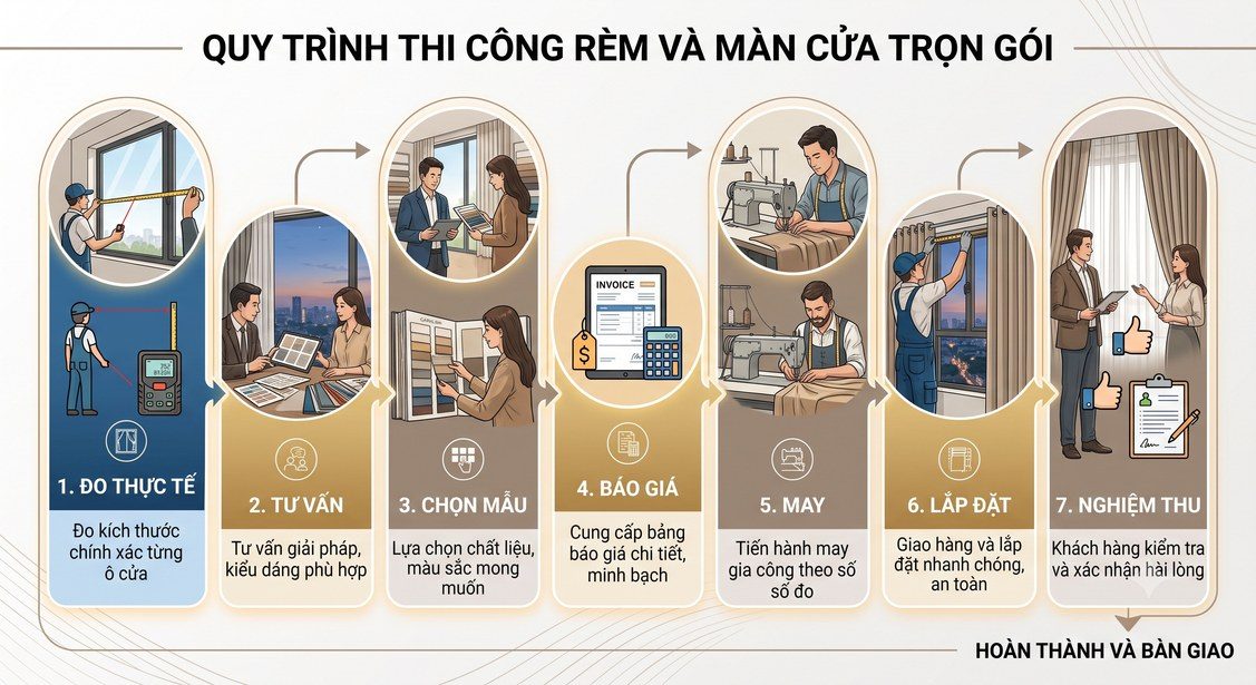 Sơ đồ quy trình thi công rèm và màn cửa trọn gói 7 bước